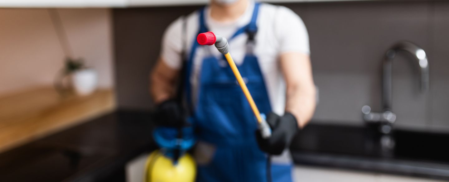 blurred exterminator in protective workwear spraying pesticide in kitchen pasadena ca